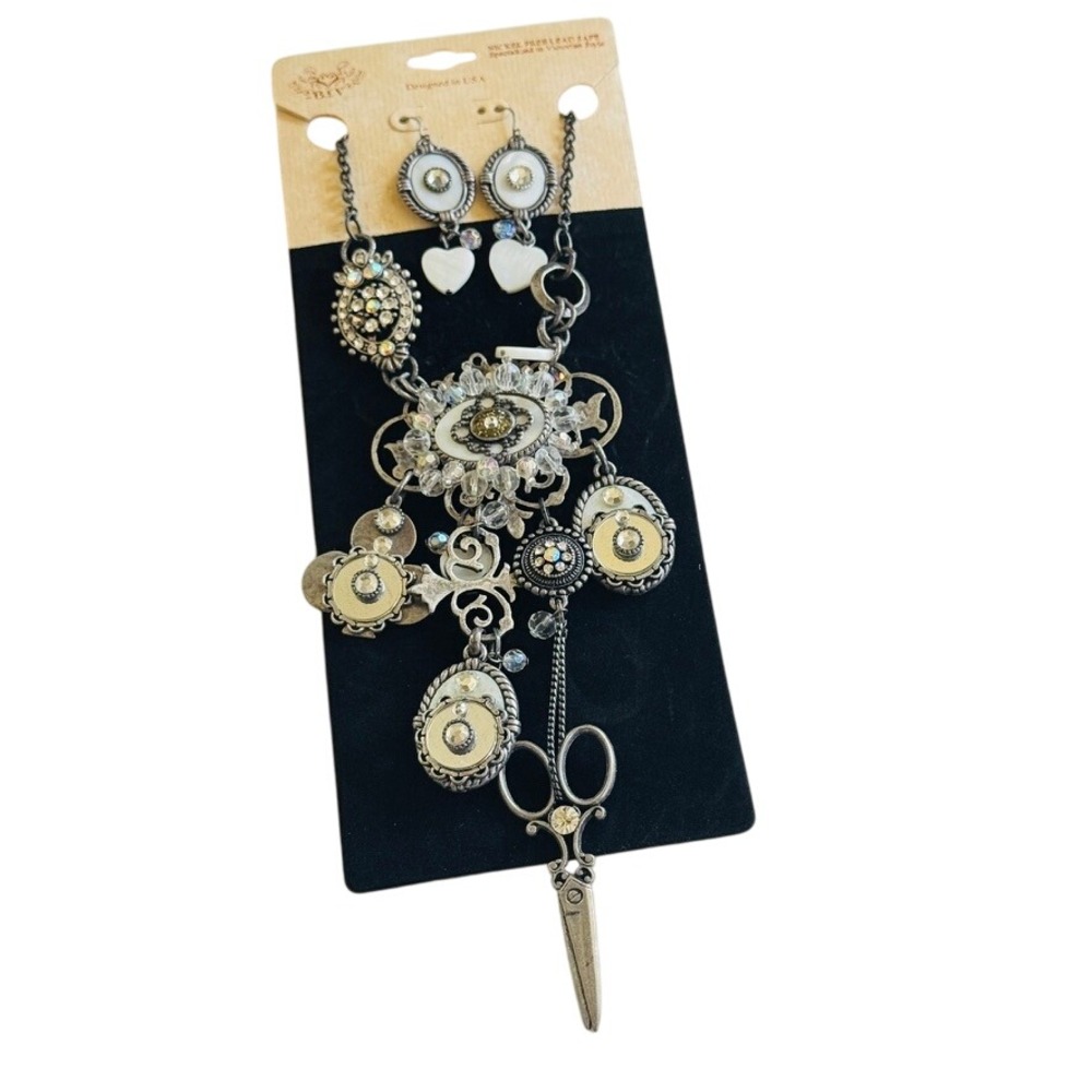 BLV Victorian Style matching Set Necklace Earrings scissors charm silver crystal